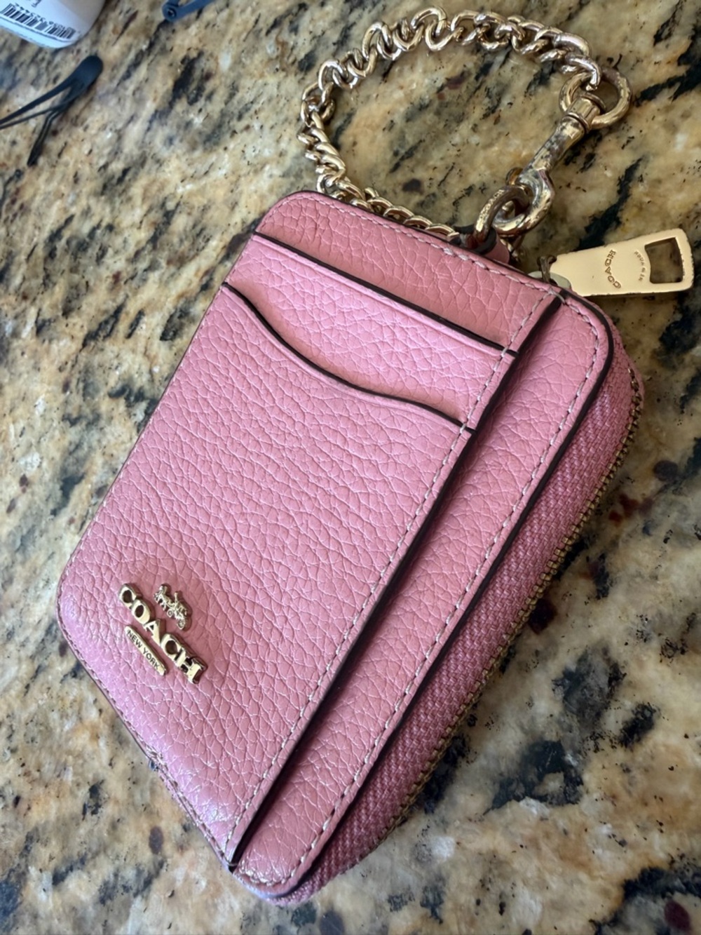 Coach Pink Pebbled Leather Card Holder Wallet Wristlet gold Chain Id 🪪 holder - Picture 12 of 17